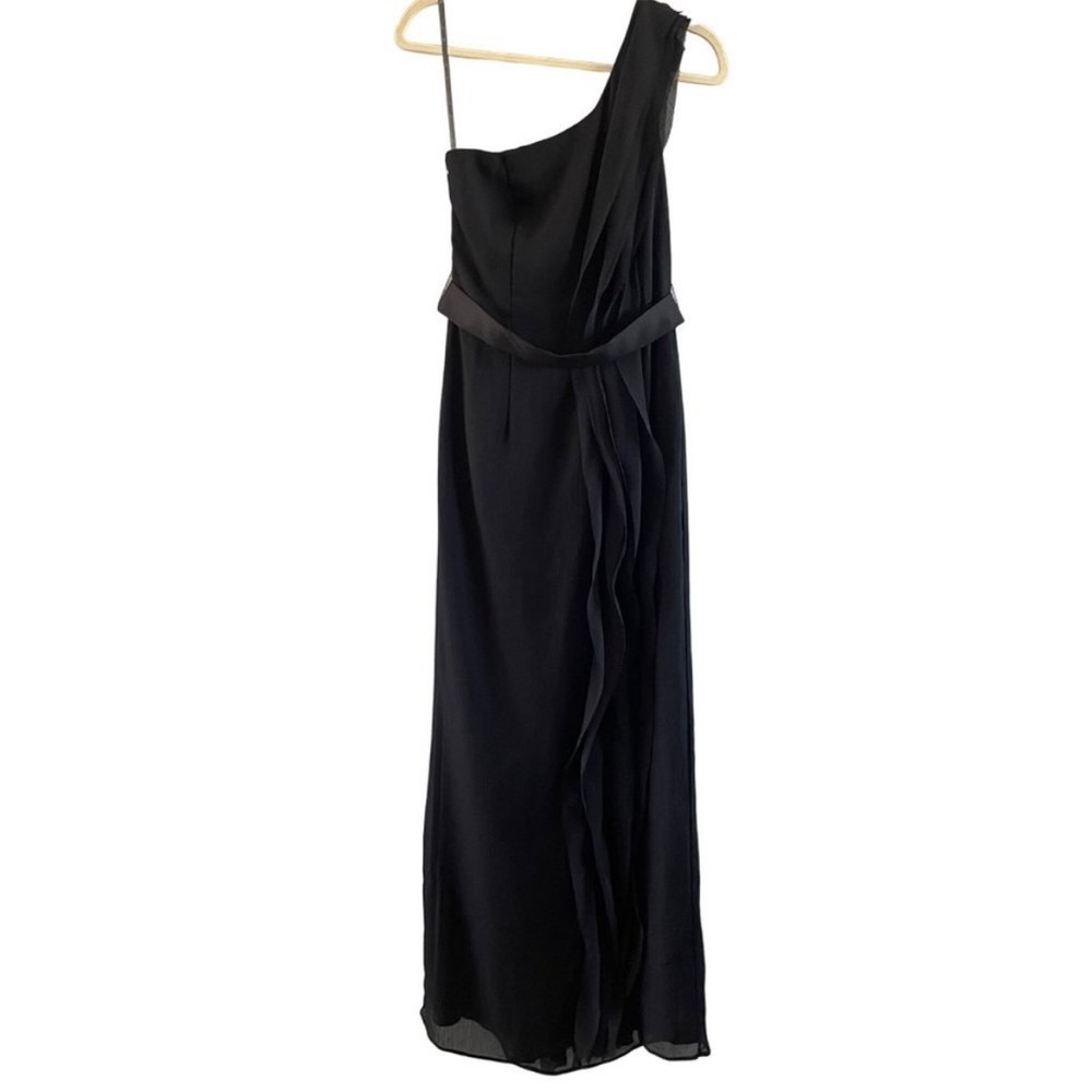 WHITE by VERA WANG Black One Shoulder Ruffle Slit Maxi Formal Bridesmaid dress. - Picture 2 of 9
